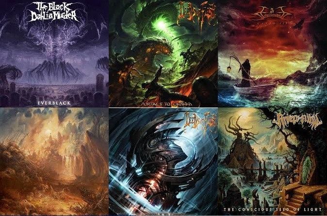 Collage aus sechs düsteren Extreme-Metal-Albumcovern mit fantastischen Szenen